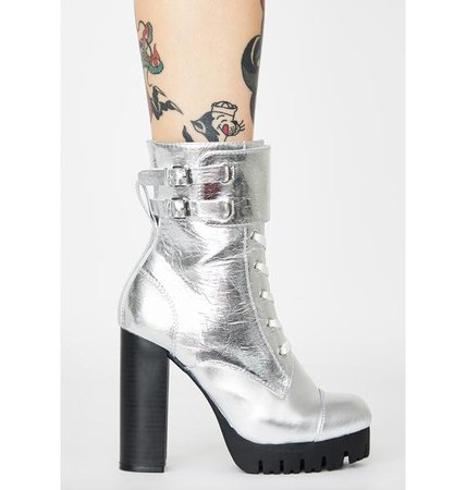 Silver Lace Up Buckle Reflective Platform Ankle Boots | Dolls Kill