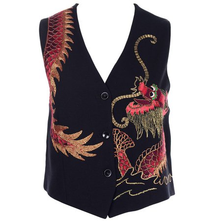 Emanuel Ungaro Vintage Black Vest Embroidered W Red & Gold Dragon