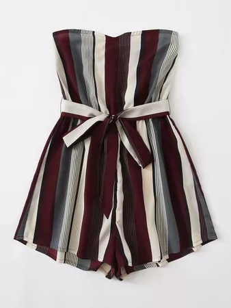 Self Belted Striped Tube Romper | SHEIN USA red