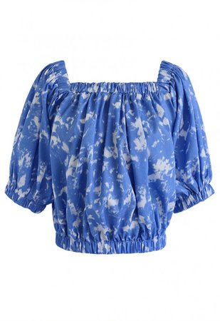 Tie-Dye Square Neck Puff Sleeves Top in Indigo - NEW ARRIVALS - Retro, Indie and Unique Fashion
