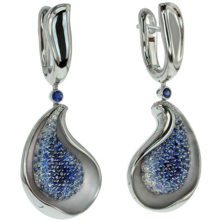 Diamond Blue Sapphire 18 Karat White Gold Earrings by Mousson Atelier