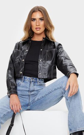 Black Faux Leather Contrast Stitch Crop Jacket | PrettyLittleThing