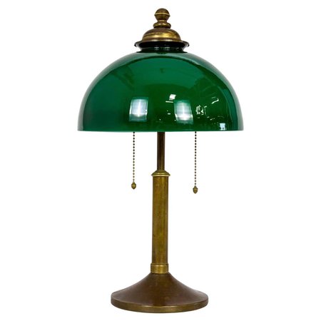1920s Brass Library Lamp w/ Green Glass Hemisphere Shade For Sale at 1stDibs