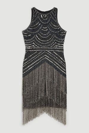 Halter Neck Beaded And Embellished Fringe Woven Mini Dress | Karen Millen