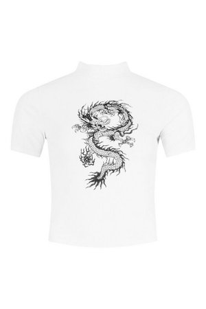 Dragon Print Ribbed High Neck Top | boohoo white