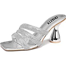 Amazon.com | CAMSSOO Women's Rhinestones Heels Sandals Square Open Toe Strappy Slip On Mules Dress Sexy Fashion Wedding Backless Stilettos Heeled Slippers Pink PU Size US 8 CN 39 | Shoes