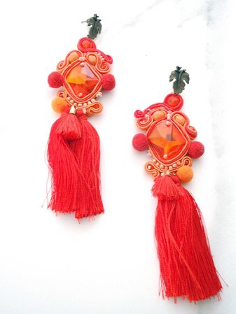 Orange bridal long tassel earrings statement orange crystal | Etsy