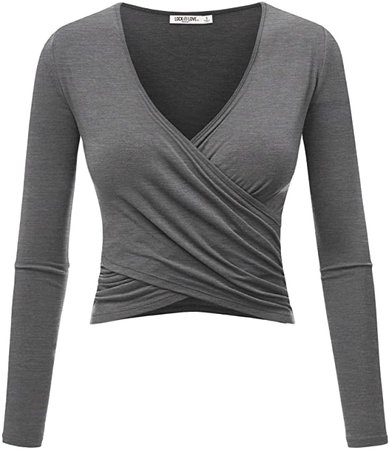 WT1482 Womens Deep V Neck Long Sleeve Cross Wrap Fitted Crop Top S Black at Amazon Women’s Clothing store