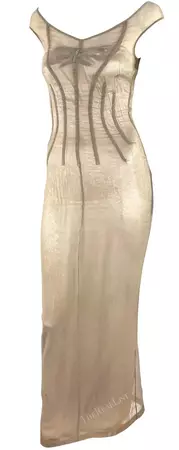S/S 1998 Dolce and Gabbana 'Stromboli' Taupe Mesh Silver Bodycon Boned Gown For Sale at 1stDibs