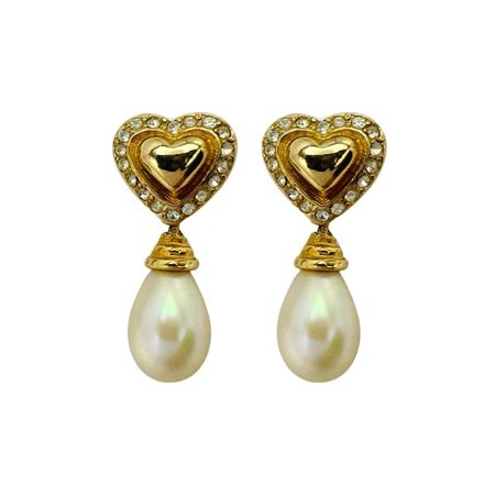 Christian Dior Earrings Gold Heart Pearl Drop Dangle... - Depop