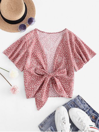 [55% OFF] [HOT] 2020 Tie Front Dotted Cropped Blouse In LIGHT PINK | ZAFUL