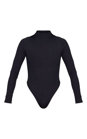 Black Rib High Neck Long Sleeve Bodysuit | PrettyLittleThing USA