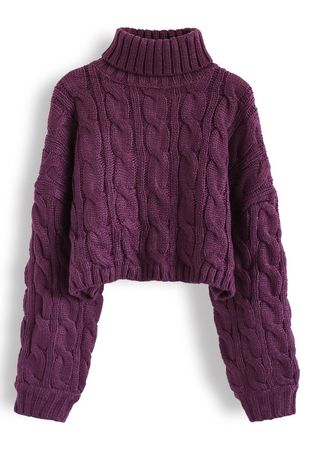 Turtleneck Braid Knit Crop Sweater in Berry - Retro, Indie and Unique Fashion
