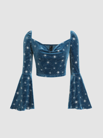 blue velvet starry bell sleeve top