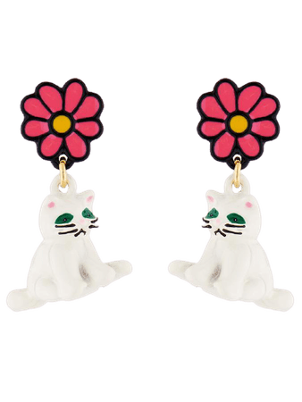 LES NÉRÉIDES LOVES ANIMALS WHITE CAT AND DAISY STUD EARRINGS