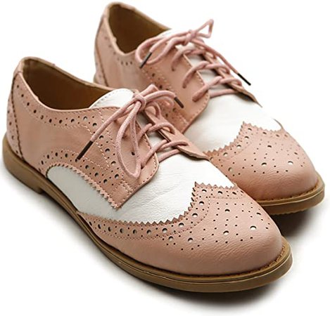 Amazon.com | Ollio Women's Flat Shoe Wingtip Lace Up Two Tone Oxford M2913(9 B(M) US, Brown) | Oxfords