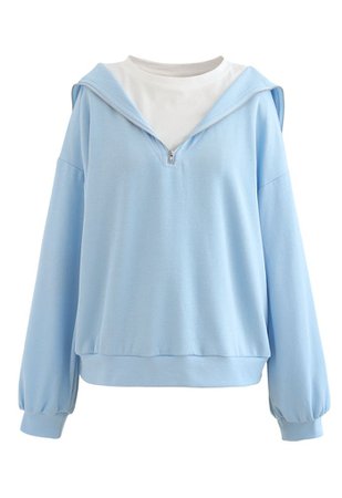 Zipper Front Spliced Sweatshirt in Baby Blue - Retro, Indie and Unique Fashion