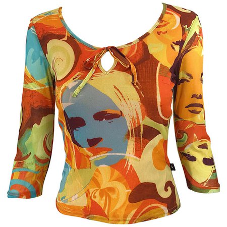 Amazing 1990s Does 1970s French Made Novelty Print Covergirl Vintage 90s Shirt For Sale at 1stDibs