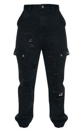 Black Distressed Cargo Pocket Jeans | Denim | PrettyLittleThing
