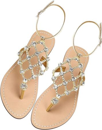 UTIKLIOU Rhinestone Flat Sandals For Women Casual Thong Flat Sandals Dress Sandals (Gold 10) | Flats
