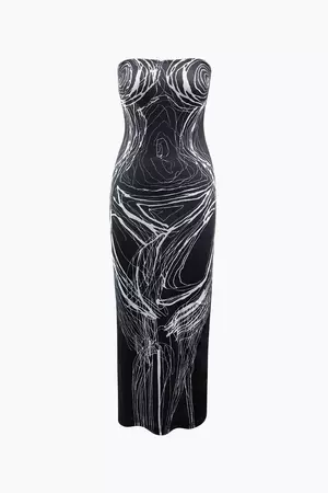 Line Print Strapless Midi Dress – Micas