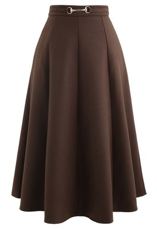 Horsebit Waist Seam Detail Flare Skirt in Brown - Retro, Indie and Unique Fashion