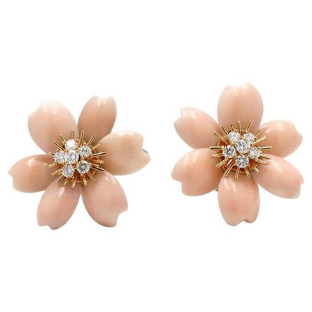 1980s Van Cleef and Arpels "Rose de Noël" Yellow Gold, Coral, and Diamond Earrings