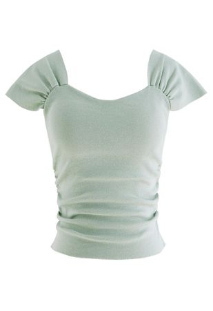 Sweetheart Neckline Knit Crop Top in Pea Green - Retro, Indie and Unique Fashion