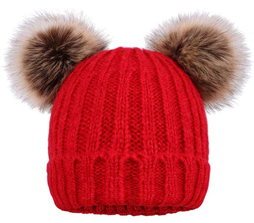 Arctic Paw Women Knit Beanie Cable Knit Beanie Hat Faux Fur Pompom Ears Red at Amazon Women’s Clothing store