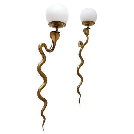 Set of Two Rare Cast Brass Cobra Sconces or Wall Lamps by Maison Jansen, 1950s
