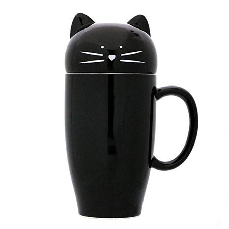 Koolkatkoo Cute Cat Coffee Mug with Lid Gift for Cat Lover Unique Ceramic Cup Porcelain Tea Mugs for Girls Women 15 oz Black: Amazon.ca: Home & Kitchen