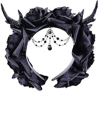 Antlers Roses and Beads Headband Women's Gothic Cosplay Hair Accessory Black Devil Headpiece