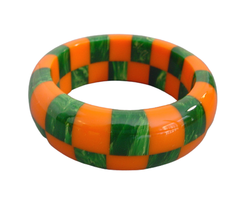 SHULTZ bakelite chunky two row checked bangle in orange and marbled green
