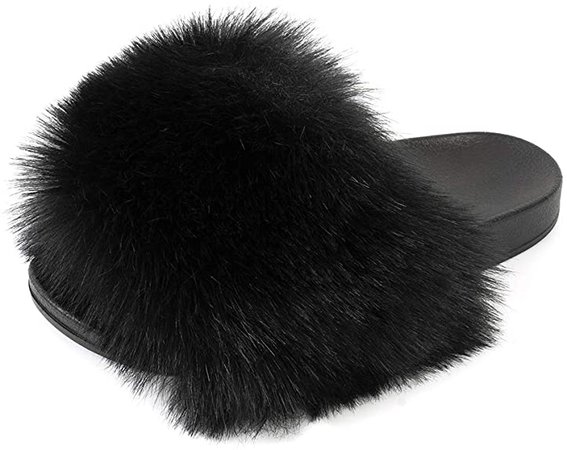 Amazon.com | FUNKYMONKEY Women's Slides Faux Fur Cute Slip On Fuzzy Slippers Comfort Flat Sandals | Shoes