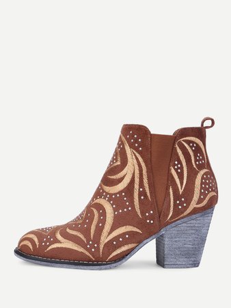 Embroidery Detail Block Heeled Ankle Boots