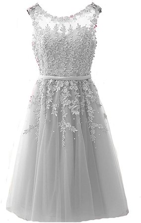Amazon.com: Kivary Sheer Tulle Bateau Tea Length Short Lace Pearls Prom Homecoming Dresses Silver US 12: Clothing