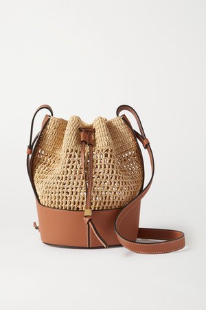 Balloon Small Leather And Raffia Bucket Bag - Brown