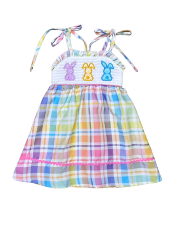 Rainbow Rabbit Pastel Gingham Smocked Tie Strap Girls Easter Dress