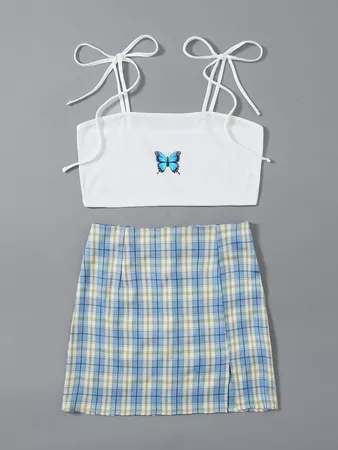 Tie Shoulder Butterfly Print Cami Top & Tartan Plaid A-Line Skirt | SHEIN USA