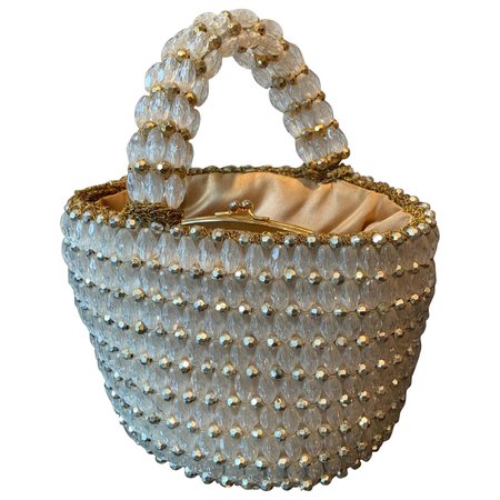 1960s Rosenfeld Italian Lucite Beaded Resort Hand Basket Purse W/ Lamé Crochet For Sale at 1stDibs