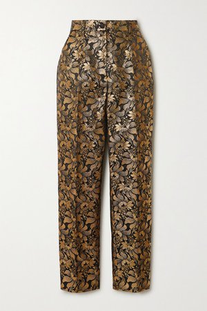 Metallic Floral-jacquard Straight-leg Pants - Gold