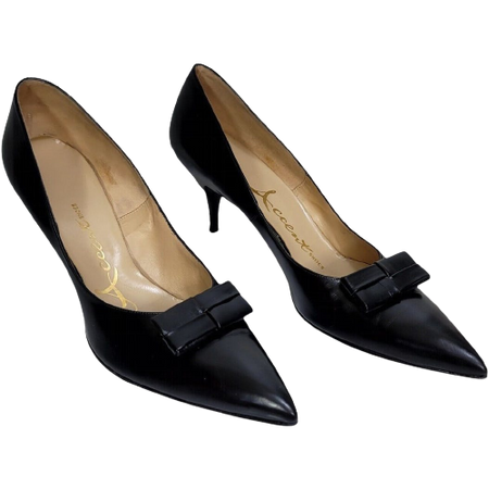 60s Womens 10aaaa Black Leather Pointed Toe Heels Pump $75.00