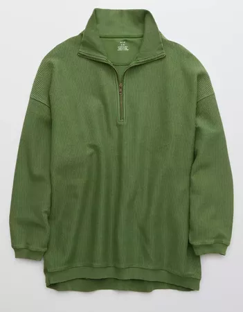 green Aerie Good Vibes Corded Oversized Quarter Zip Sweatshirt