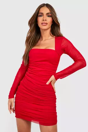 Square Neck Ruched Mesh Bodycon Dress | boohoo