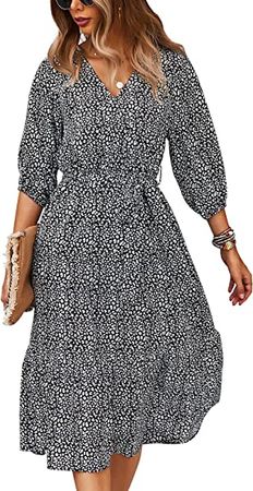 Schkleier Women's Summer Fall 3/4 Sleeve V Neck Casual Party Floral Flowy Midi Dress at Amazon Women’s Clothing store
