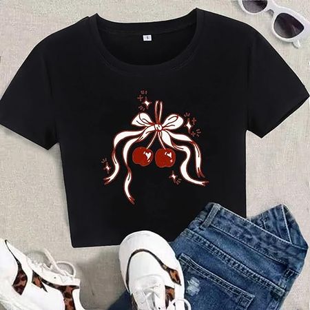 Baby Tees for Women Y2k Pink Bow Print Short Sleeve Slim Fit Crop Top E Girls Aesthetic Clothes at Amazon Women’s Clothing store