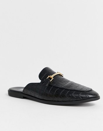 ASOS DESIGN backless mule loafer in black faux leather with croc effect | ASOS