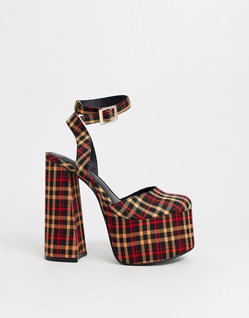 ASOS DESIGN Punch chunky platform high block heels in black/peach/red check | ASOS