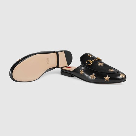Black Leather Princetown Embroidered Slipper With Gold Embroidered Bees / Stars | GUCCI® US