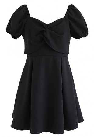 Knot Front Sweetheart Neck Pleated Dress in Black - NEW ARRIVALS - Retro, Indie and Unique Fashion
